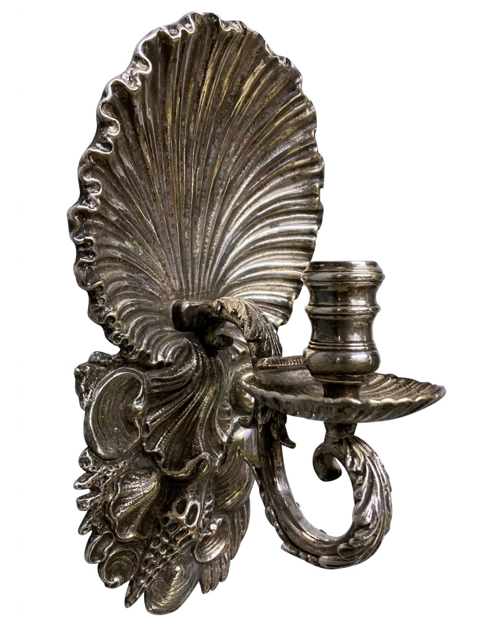 A pair of cast silver grotto style candle sconces featuring detailed scallop shell backplates and scrolling branches. View III