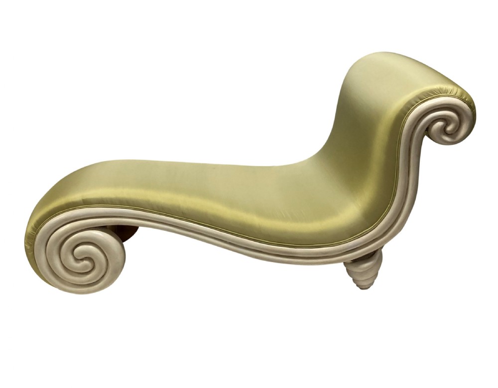 A sculptural Surrealist day bed upholstered in chartreuse satin with an off-white painted scroll-form wooden frame. View III
