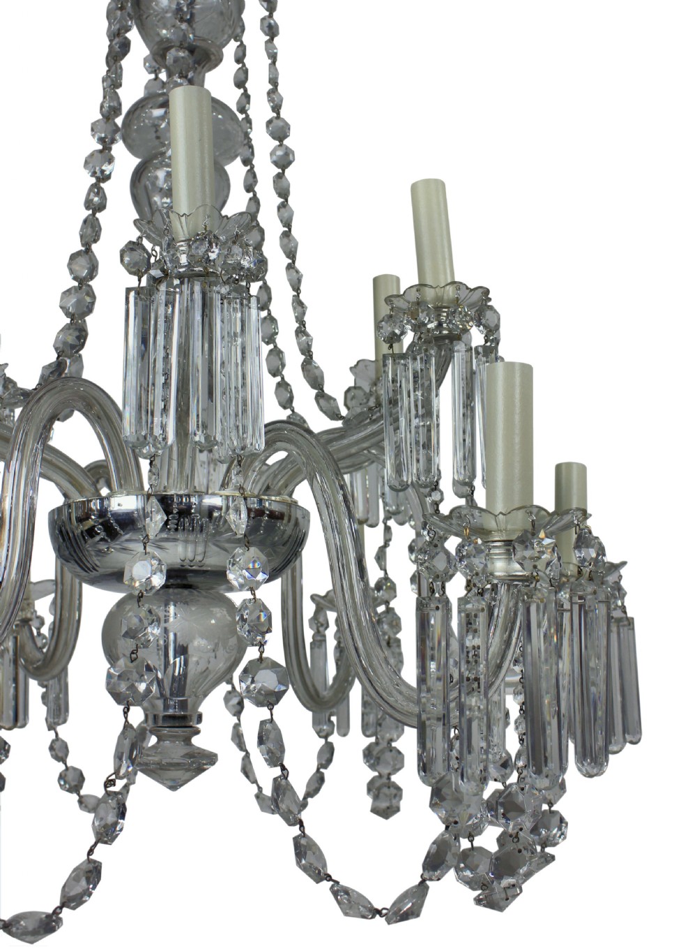 A nineteenth-century English cut glass chandelier featuring twelve candle-style lights, glass swags, hung faceted droplets, and a central baluster stem. View III