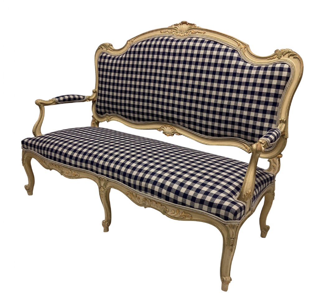 A painted Louis XV style upholstered canape with curved cabriole legs and a navy and cream gingham patterned fabric. View II