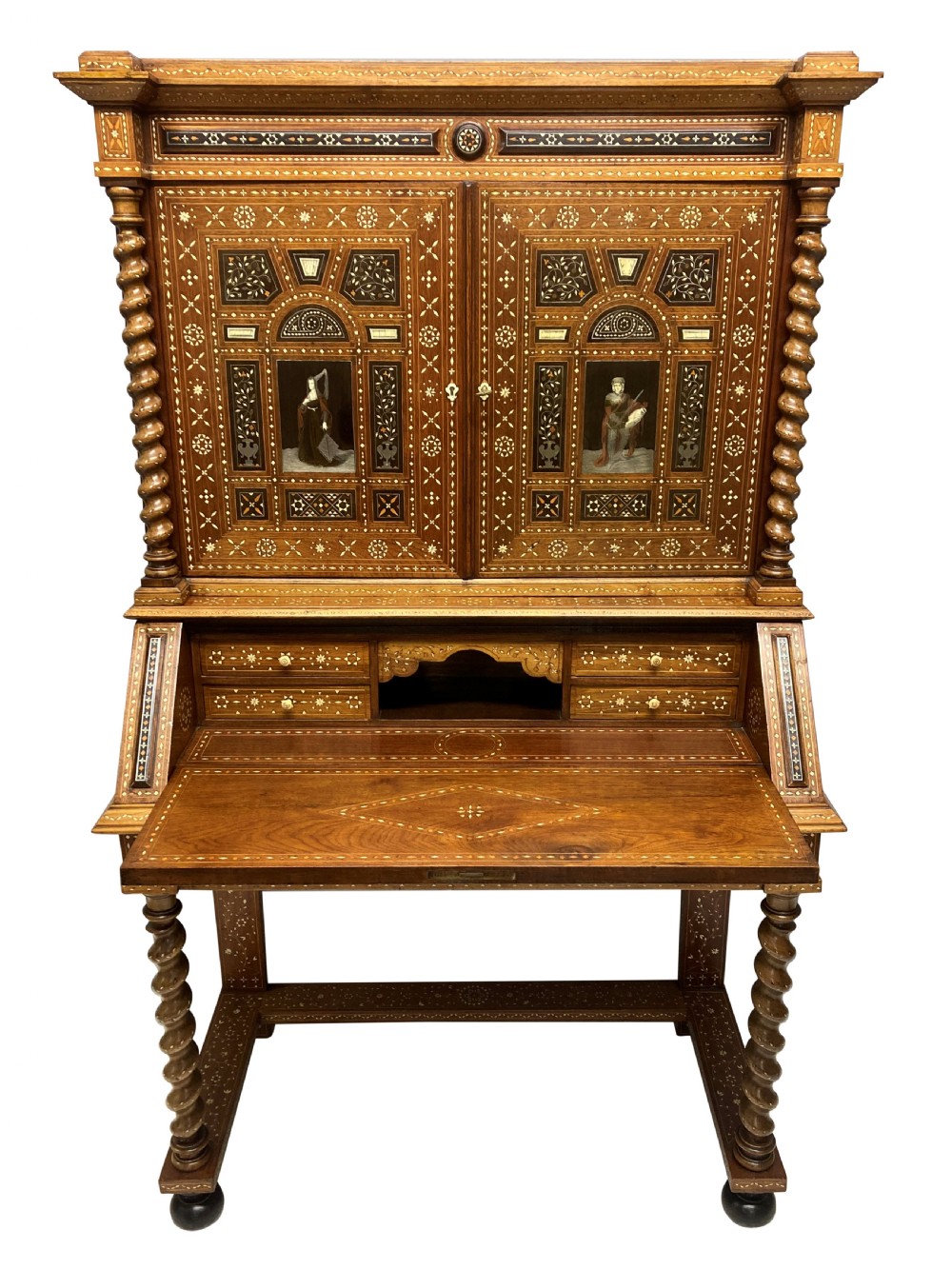 An ornate 19th-century Moorish Revival walnut cabinet secretaire on stand featuring intricate bone inlay and barley-twist legs. View II