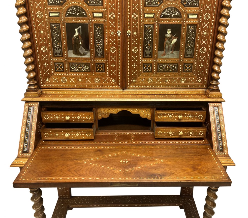 An ornate 19th-century Moorish Revival walnut cabinet secretaire on stand featuring intricate bone inlay and barley-twist legs. View III