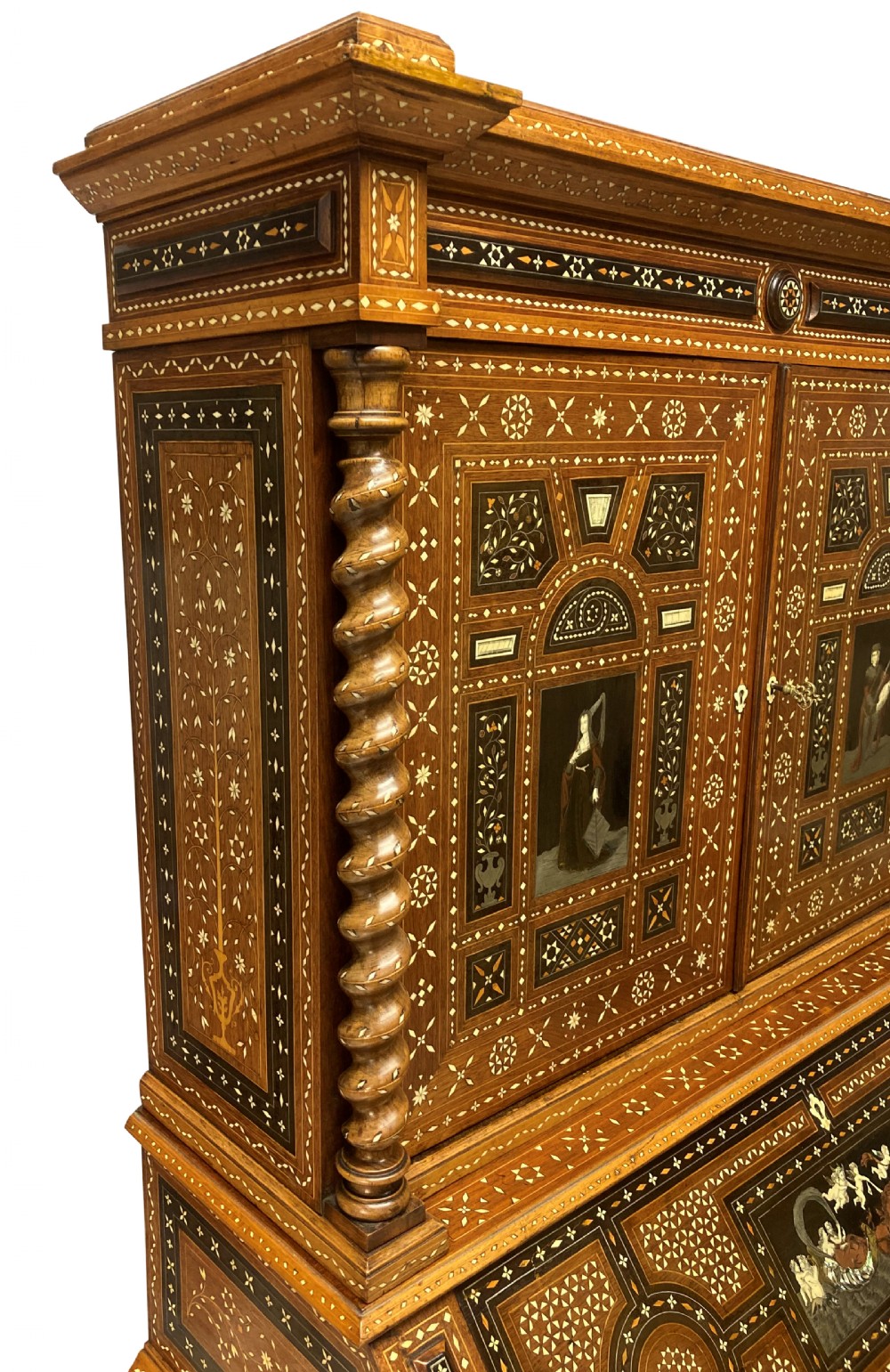 An ornate 19th-century Moorish Revival walnut cabinet secretaire on stand featuring intricate bone inlay and barley-twist legs. View X