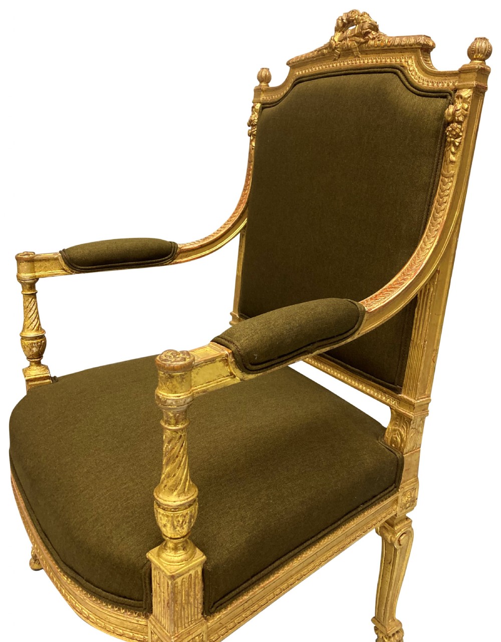 A Louis XIV style giltwood armchair featuring a gold leaf carved frame, turned arm supports, and dark olive green fabric upholstery. View IV