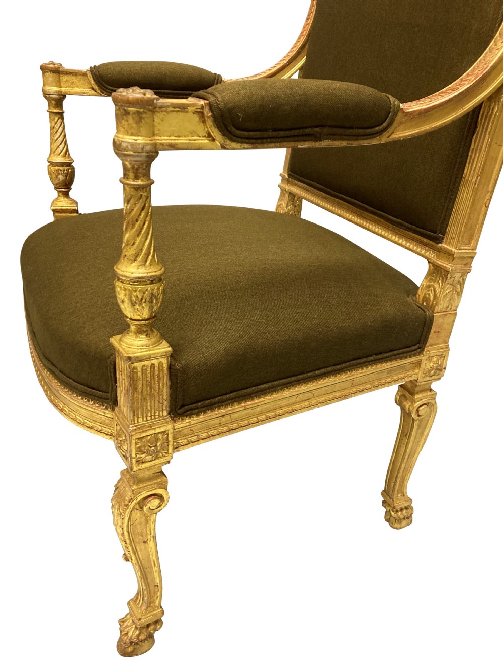 A Louis XIV style giltwood armchair featuring a gold leaf carved frame, turned arm supports, and dark olive green fabric upholstery. View VII
