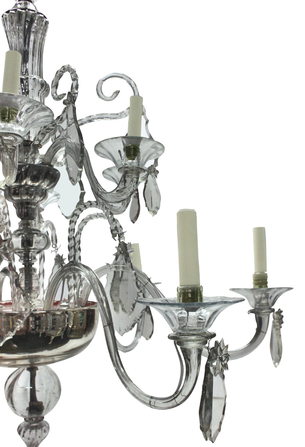 A Venetian blown clear glass twelve-branch chandelier featuring scrolled glass arms, candle sleeves, decorative glass drip pans, and crystal drops. View II