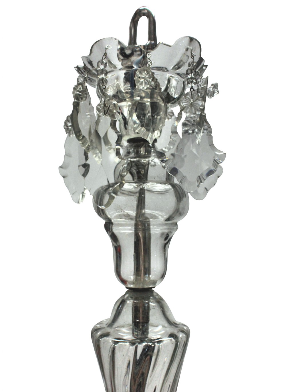 A Venetian blown clear glass twelve-branch chandelier featuring scrolled glass arms, candle sleeves, decorative glass drip pans, and crystal drops. View IV