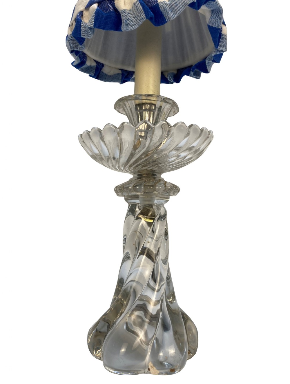 A 1930s French table lamp featuring a twisted moulded clear glass stem with a scalloped dish detail, topped with a blue and white gingham pleated lampshade. View III