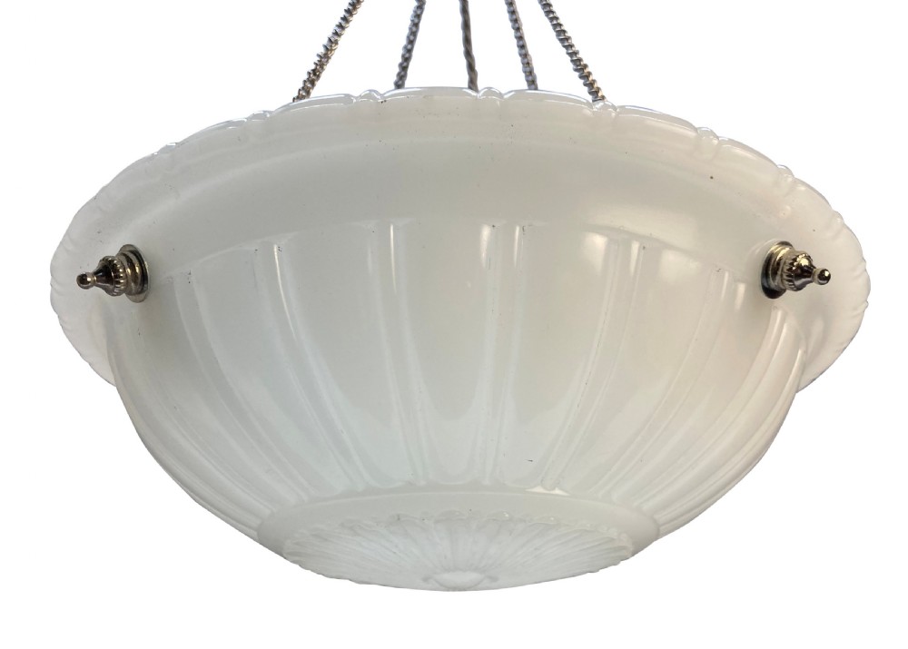 A translucent off-white carved alabaster dish ceiling light suspended by three brass link chains from a central ceiling rose. View III