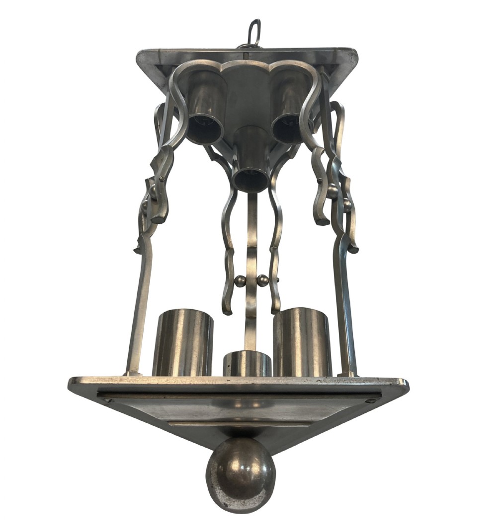 An Art Deco steel hanging lantern fixture featuring geometric metalwork, cylindrical socket covers, a top loop for suspension, and a spherical bottom finial. View III
