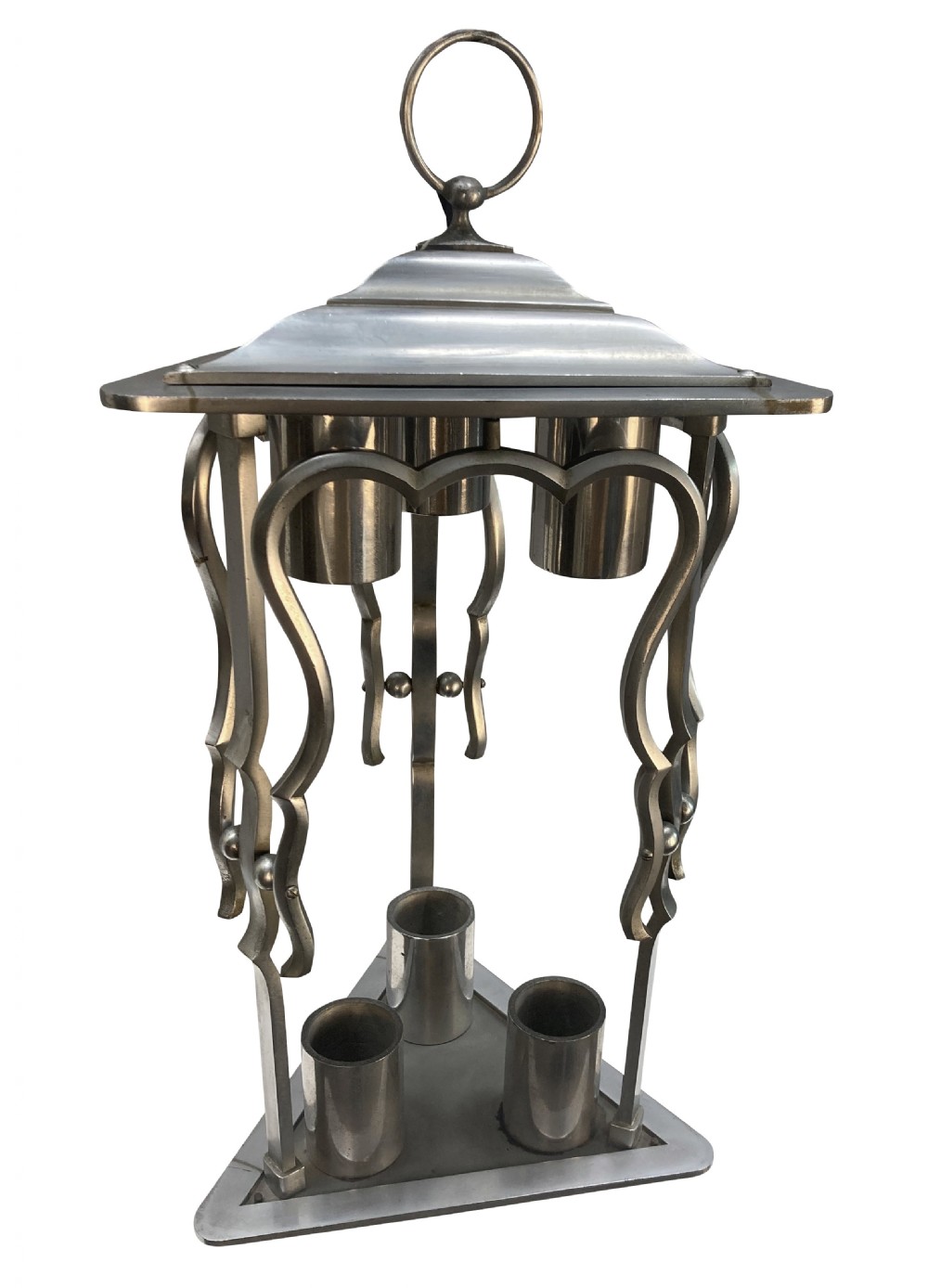 An Art Deco steel hanging lantern fixture featuring geometric metalwork, cylindrical socket covers, a top loop for suspension, and a spherical bottom finial. View IV