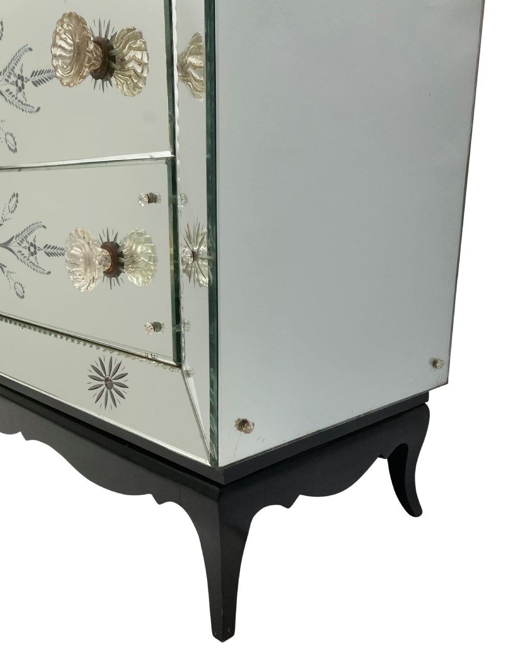 A French 1930s Art Deco chest of drawers featuring three etched mirrored glass drawers and a dark painted base with cabriole legs. View VI