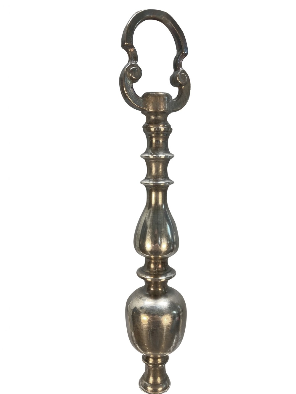 An Edwardian silver-plated five-arm chandelier featuring a turned central baluster column, sweeping curved arms, and candle sleeves. View IV