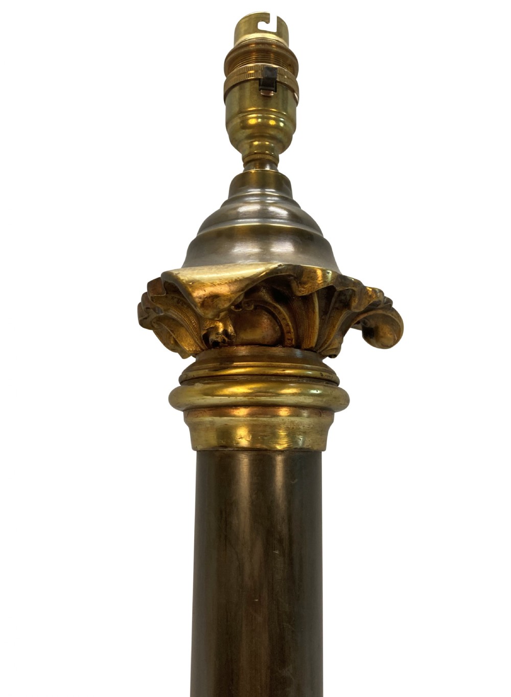 An English table lamp base featuring a dark patinated bronze cylindrical column mounted on a gilt ormolu triform base with scrolled feet and topped with an acanthus leaf capital. View III