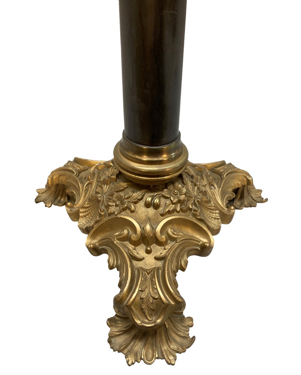 An English table lamp base featuring a dark patinated bronze cylindrical column mounted on a gilt ormolu triform base with scrolled feet and topped with an acanthus leaf capital. View IV