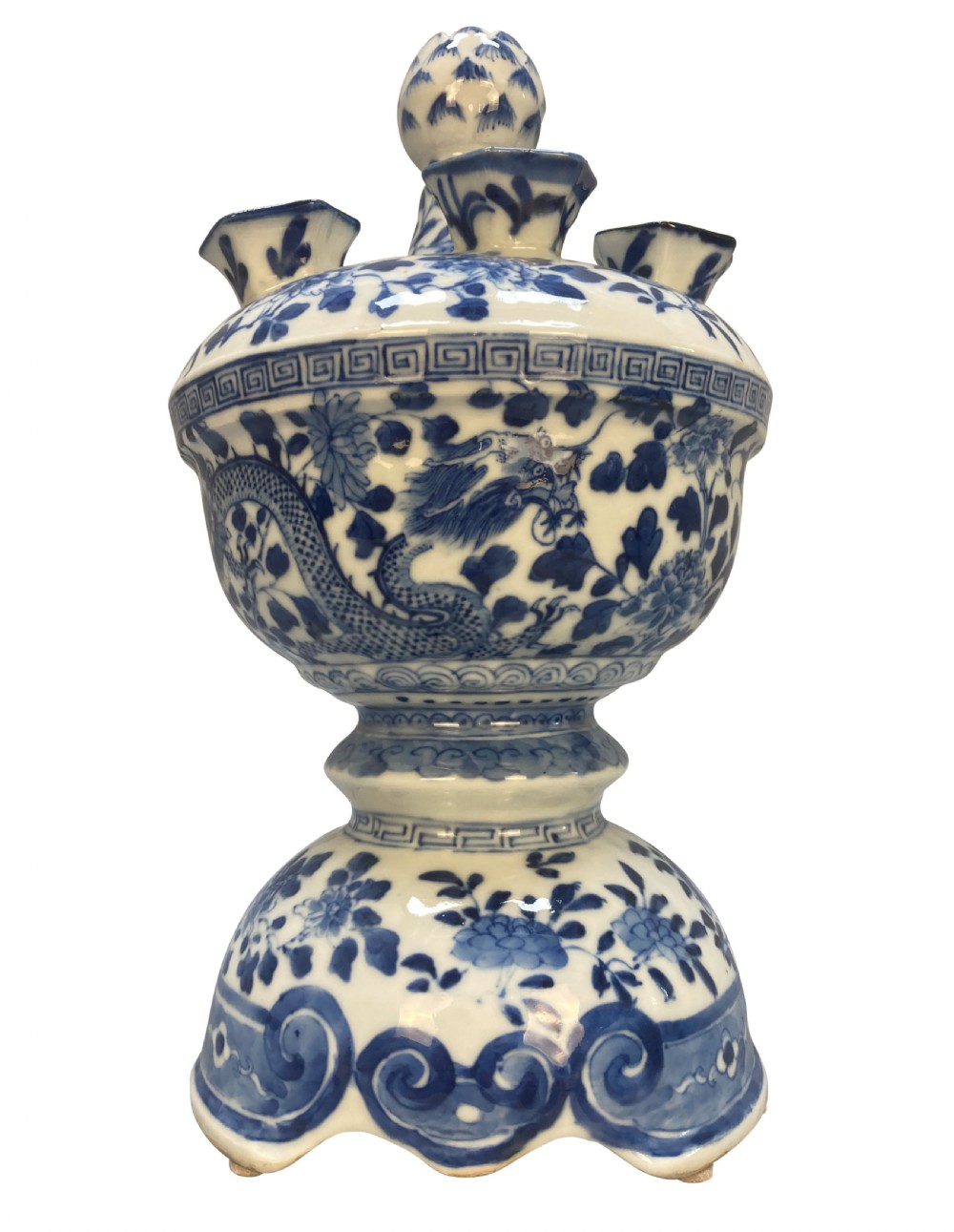 A blue and white Chinese porcelain tulipiere featuring floral and dragon underglaze motifs with multiple spout apertures surrounding a central finial. View II