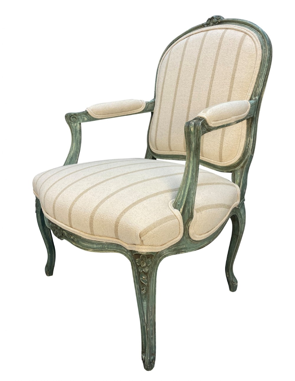 A pair of Louis XV style armchairs featuring distressed green painted frames, carved floral accents, cabriole legs, and neutral striped upholstery. View III