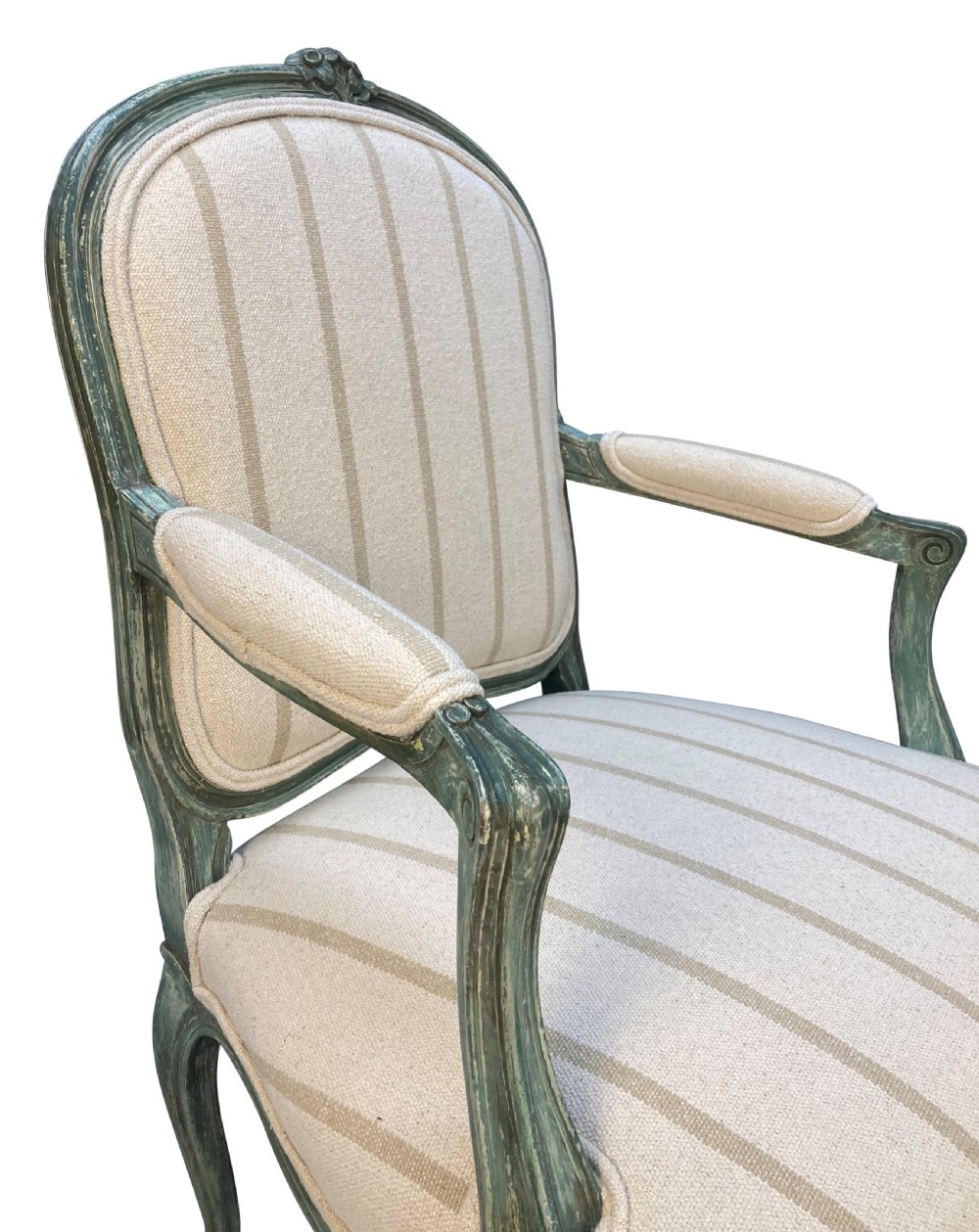 A pair of Louis XV style armchairs featuring distressed green painted frames, carved floral accents, cabriole legs, and neutral striped upholstery. View V