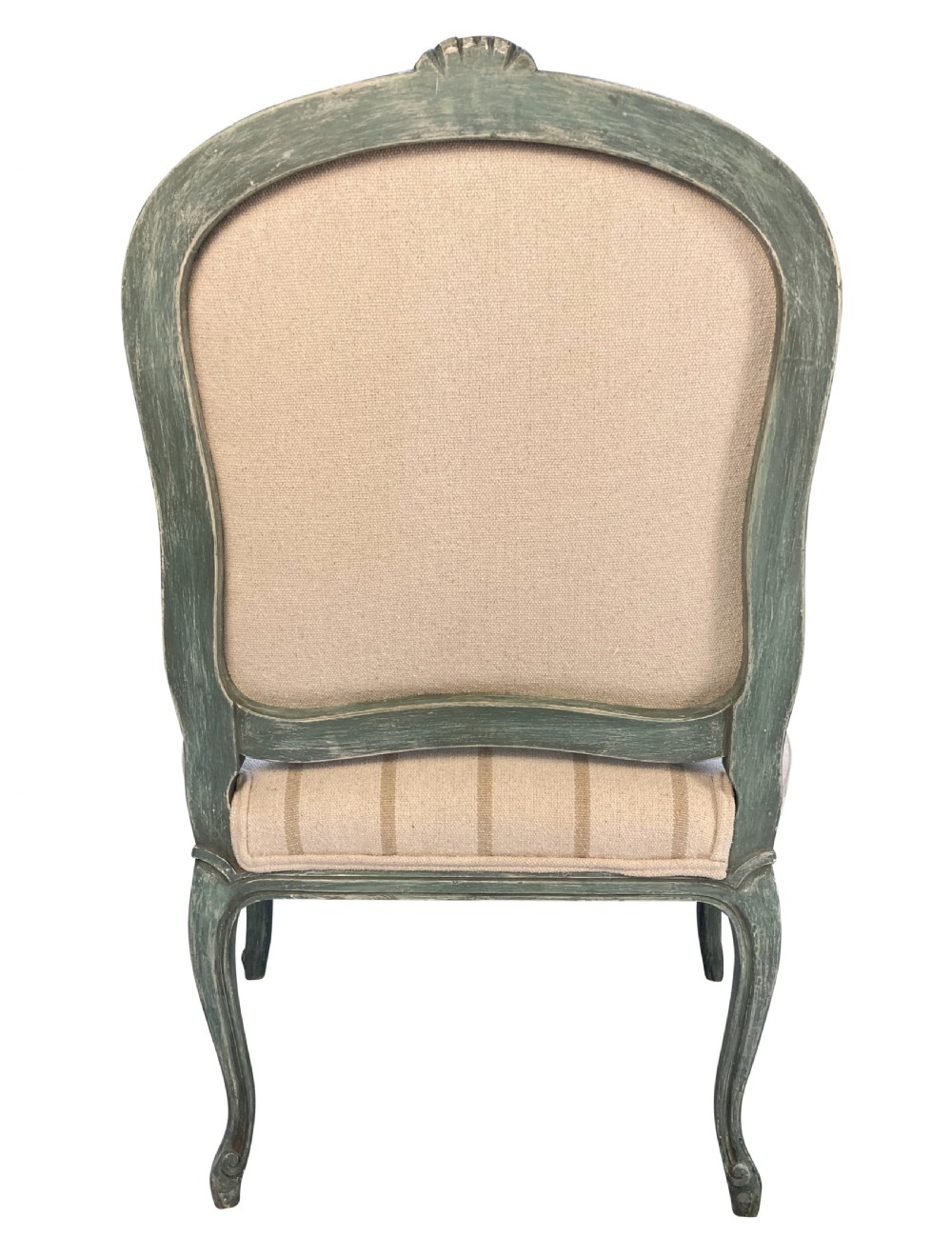A pair of Louis XV style armchairs featuring distressed green painted frames, carved floral accents, cabriole legs, and neutral striped upholstery. View VI