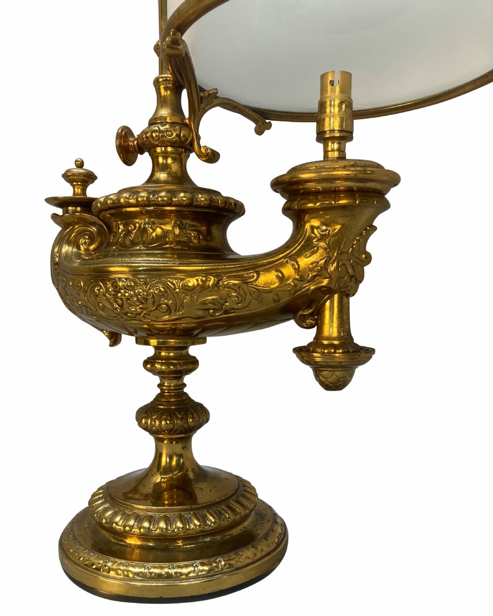 A pair of ornate 19th-century brass desk lamps featuring elaborate cast detail, tall central adjustment poles with ring finials, and white domed glass shades. View III