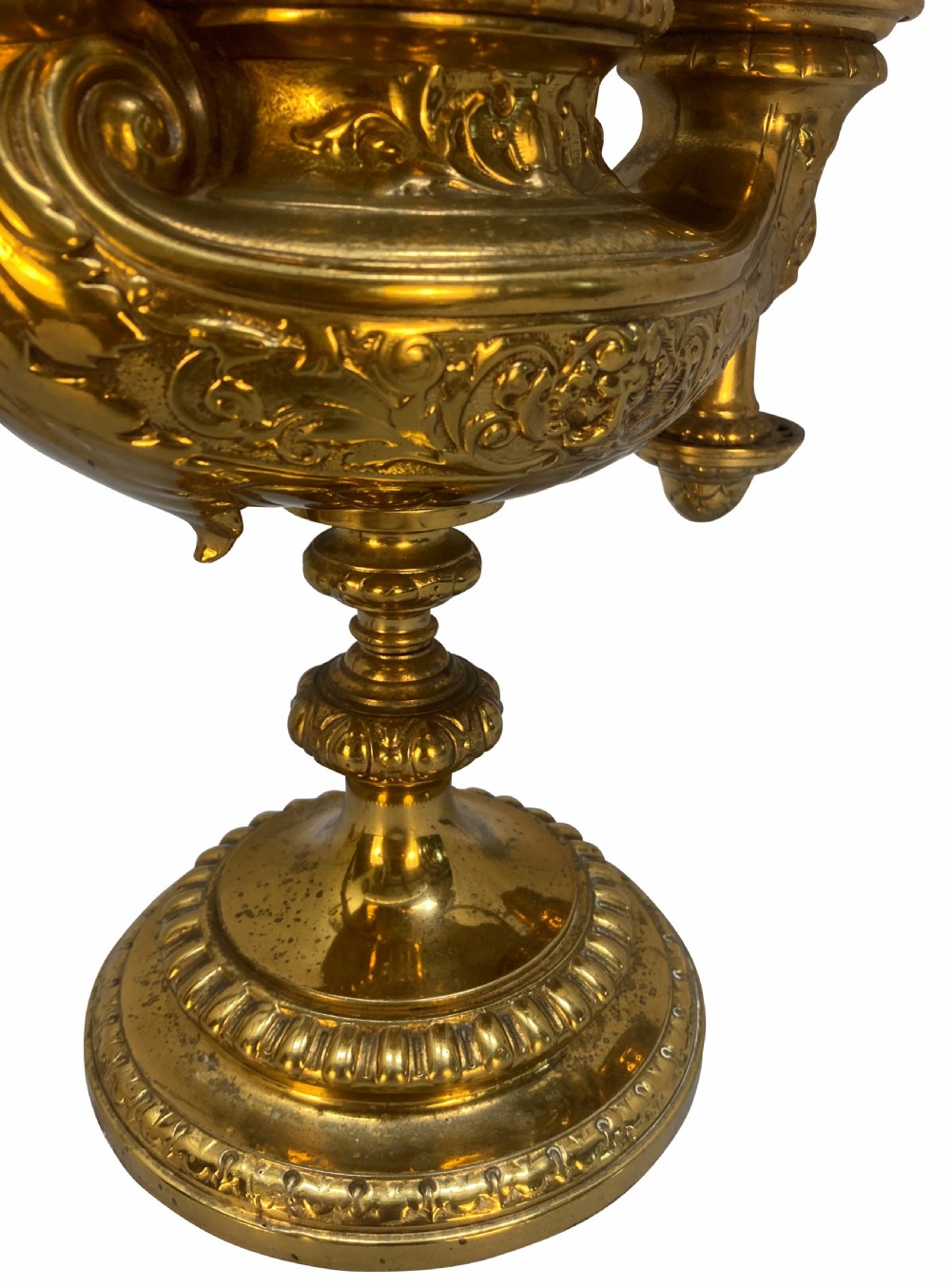 A pair of ornate 19th-century brass desk lamps featuring elaborate cast detail, tall central adjustment poles with ring finials, and white domed glass shades. View V