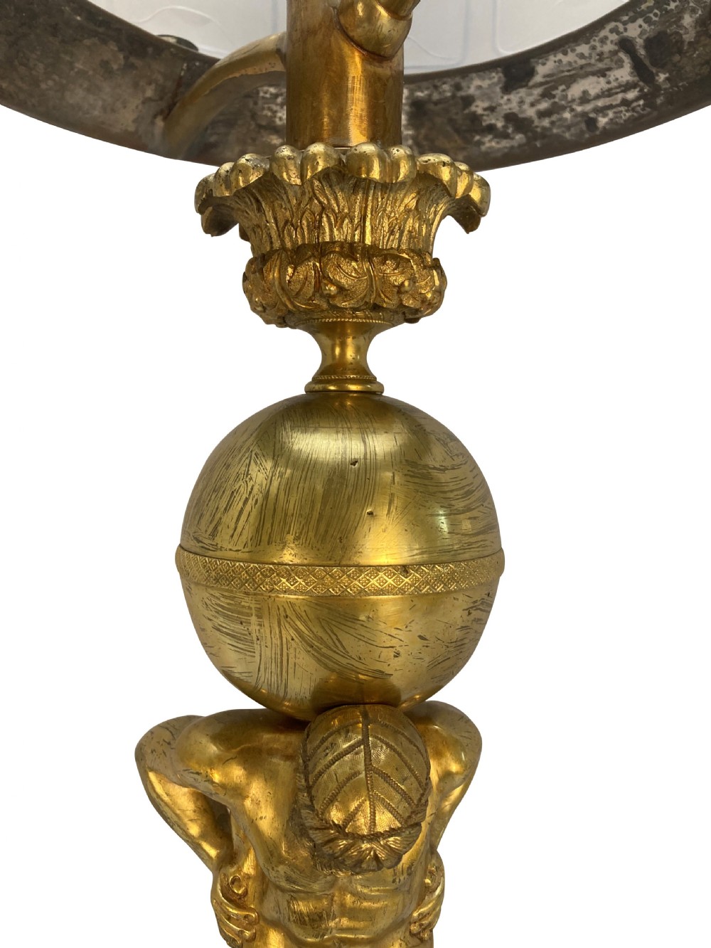 An English Regency gilt-bronze table lamp featuring a figure of Atlas supporting a sphere beneath a frosted glass dome shade. View V