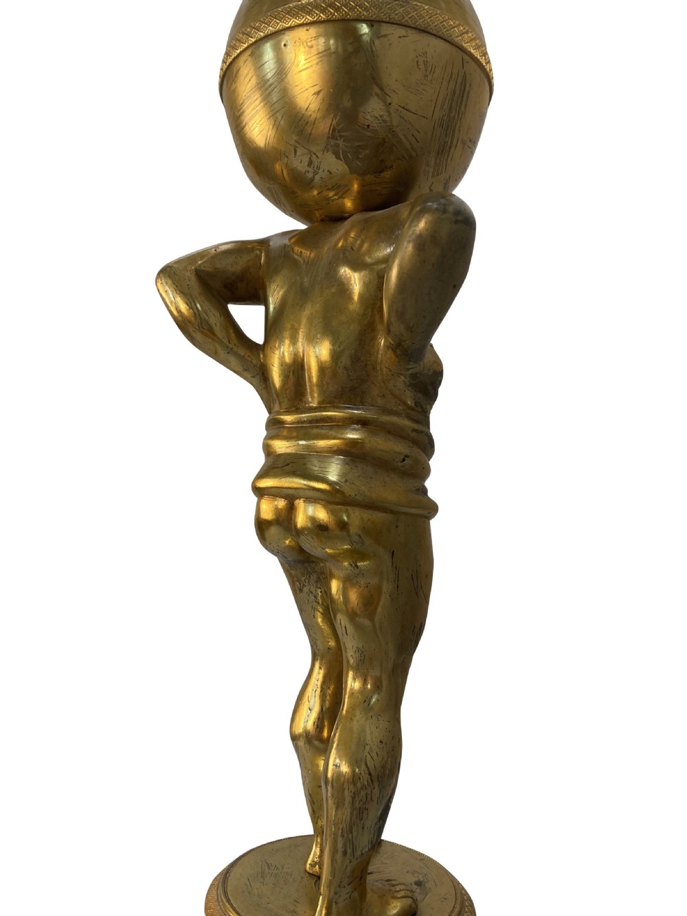 An English Regency gilt-bronze table lamp featuring a figure of Atlas supporting a sphere beneath a frosted glass dome shade. View VIII