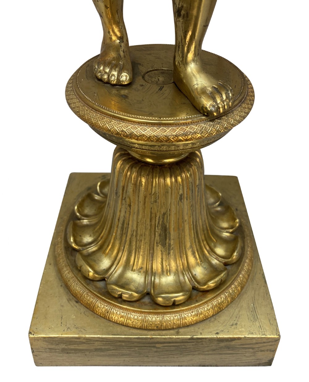 An English Regency gilt-bronze table lamp featuring a figure of Atlas supporting a sphere beneath a frosted glass dome shade. View IX