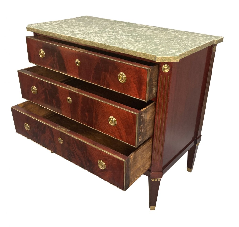 A 19th-century Russian flame mahogany commode featuring three drawers with brass ring handles, fluted corner pilasters, square tapered legs, and a pale green marble top. View VIII