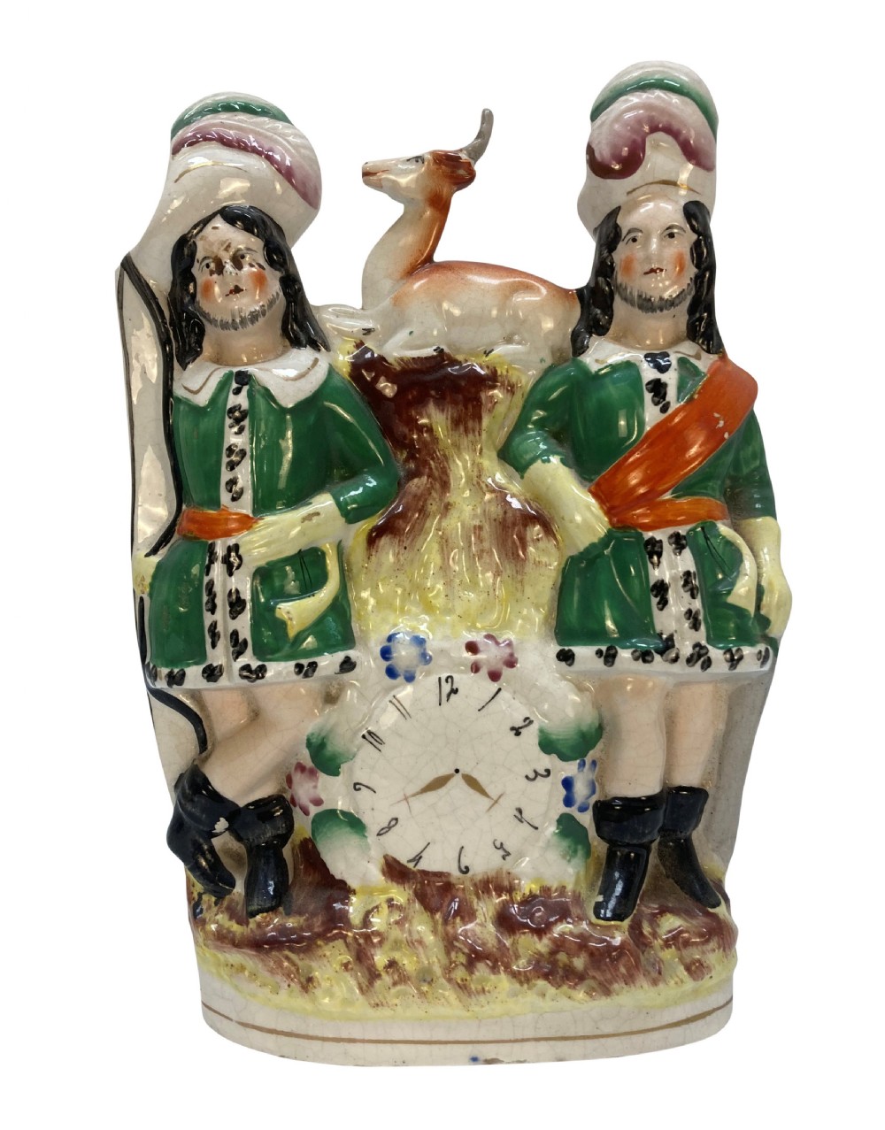 A set of five Victorian Staffordshire flatback earthenware figures depicting couples, hunters, and spill vases with colourful hand-painted enamel glazes. View VI