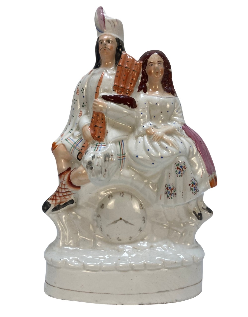 A set of five Victorian Staffordshire flatback earthenware figures depicting couples, hunters, and spill vases with colourful hand-painted enamel glazes. View VII