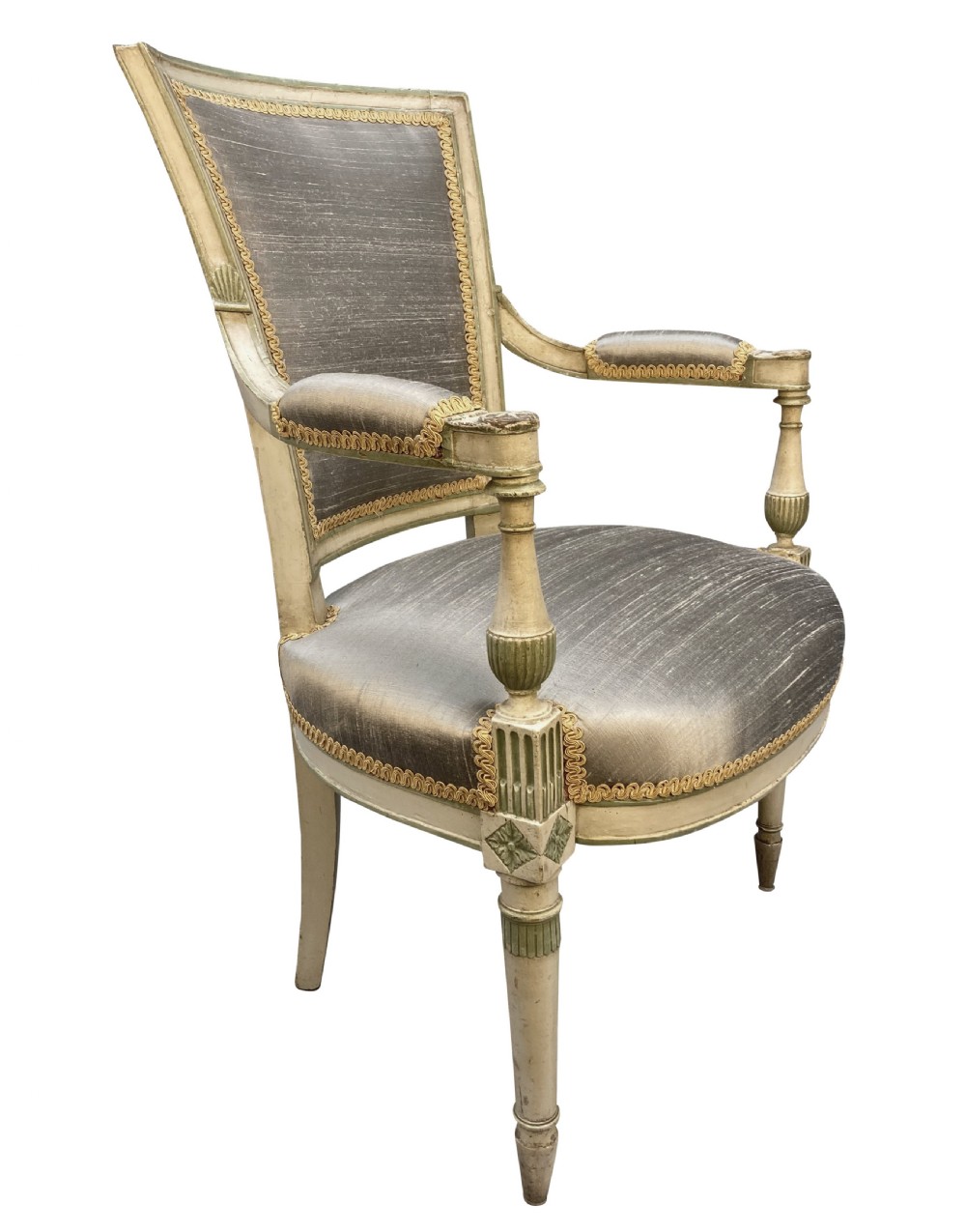 A pair of French Directoire style painted armchairs with grey silk upholstery, fluted legs, and cream-painted frames. View II