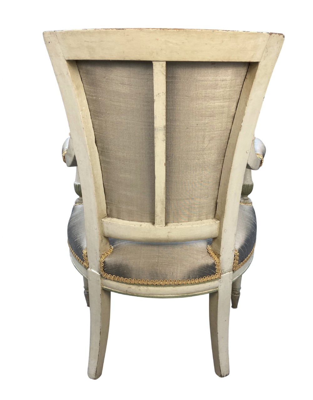 A pair of French Directoire style painted armchairs with grey silk upholstery, fluted legs, and cream-painted frames. View IV