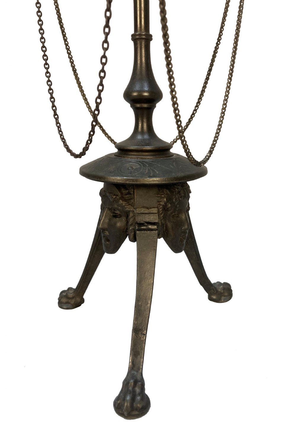 A pair of 19th-century dark bronze three-light candelabra with draped metal chains, classical face masks, and tripod bases ending in claw feet. View VI