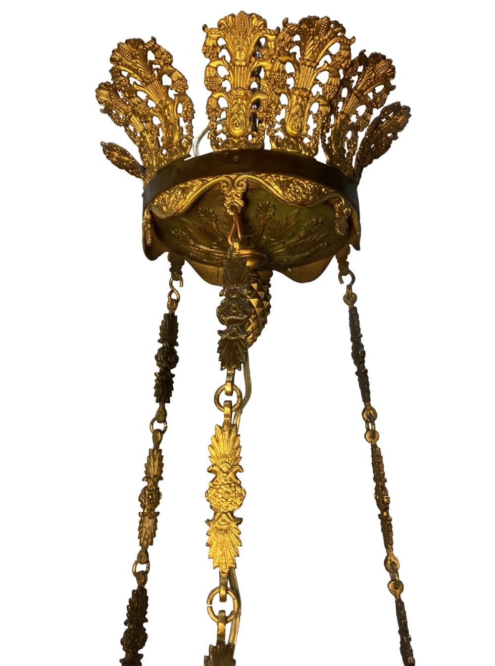 A Regency period gilt and patinated bronze colza hanging light featuring etched frosted glass shades with Greek key motifs. View IV