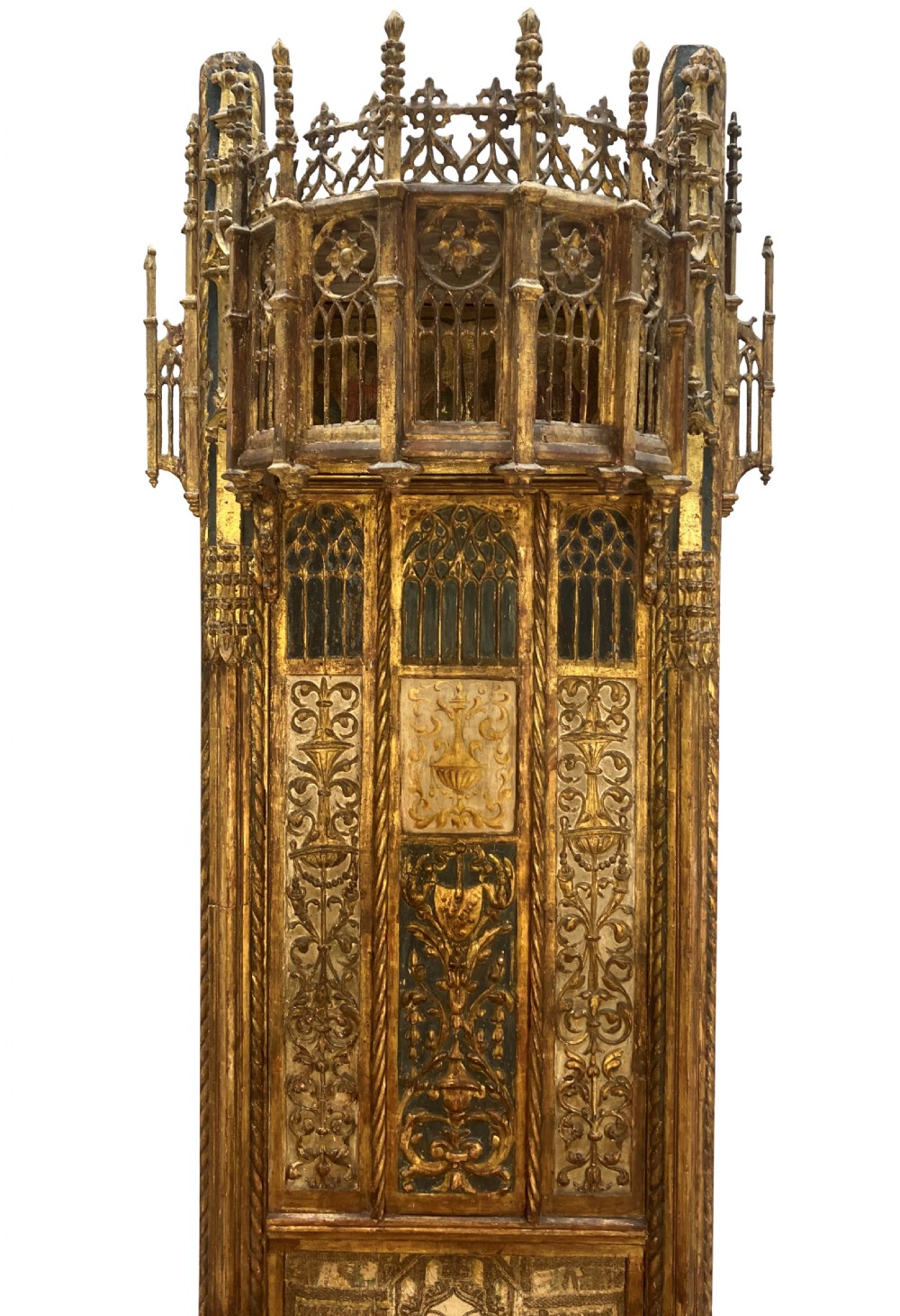 A tall 15th-century carved oak ecclesiastical throne featuring elaborate Gothic tracery, a decorative canopy, and gilded details. View II
