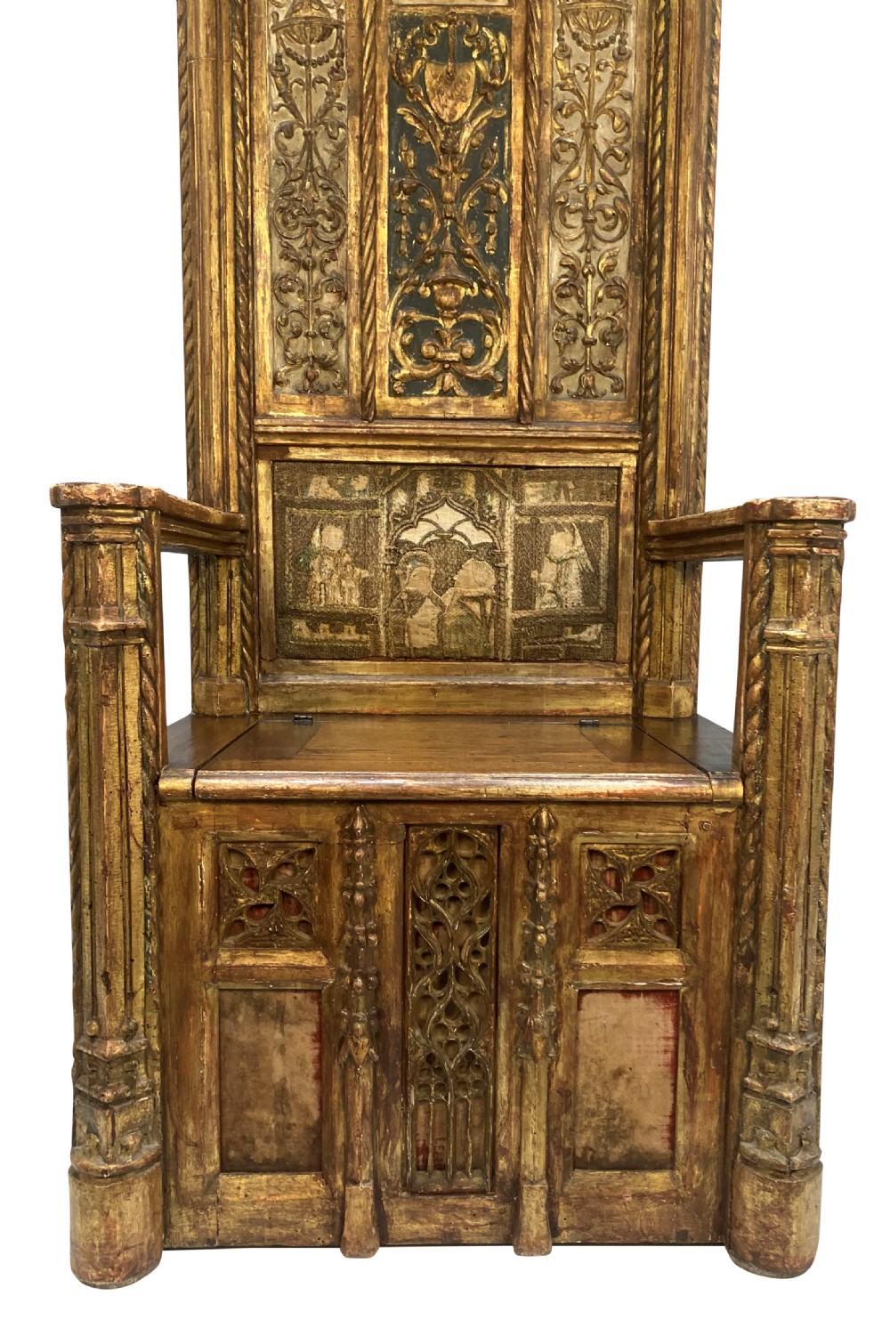 A tall 15th-century carved oak ecclesiastical throne featuring elaborate Gothic tracery, a decorative canopy, and gilded details. View III