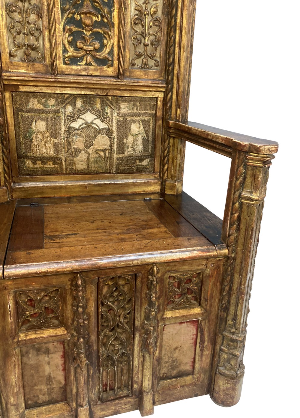 A tall 15th-century carved oak ecclesiastical throne featuring elaborate Gothic tracery, a decorative canopy, and gilded details. View V