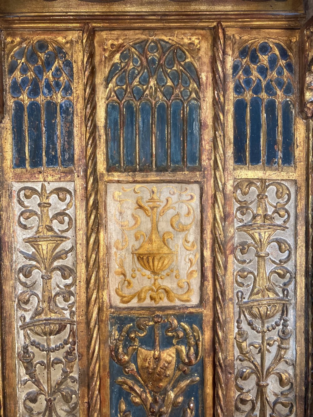 A tall 15th-century carved oak ecclesiastical throne featuring elaborate Gothic tracery, a decorative canopy, and gilded details. View VII
