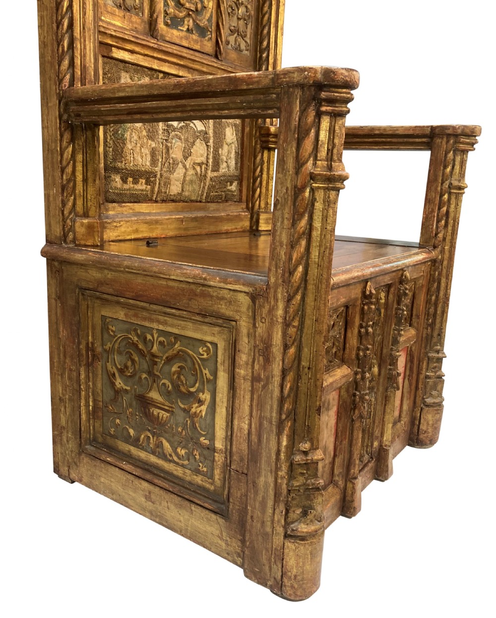 A tall 15th-century carved oak ecclesiastical throne featuring elaborate Gothic tracery, a decorative canopy, and gilded details. View VIII