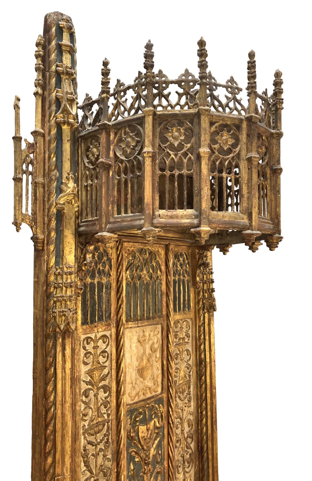 A tall 15th-century carved oak ecclesiastical throne featuring elaborate Gothic tracery, a decorative canopy, and gilded details. View IX