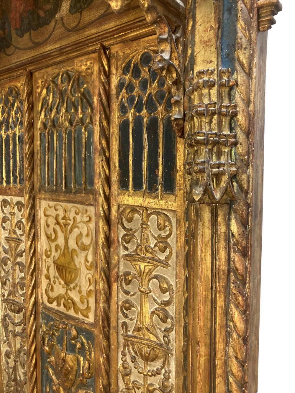 A tall 15th-century carved oak ecclesiastical throne featuring elaborate Gothic tracery, a decorative canopy, and gilded details. View X