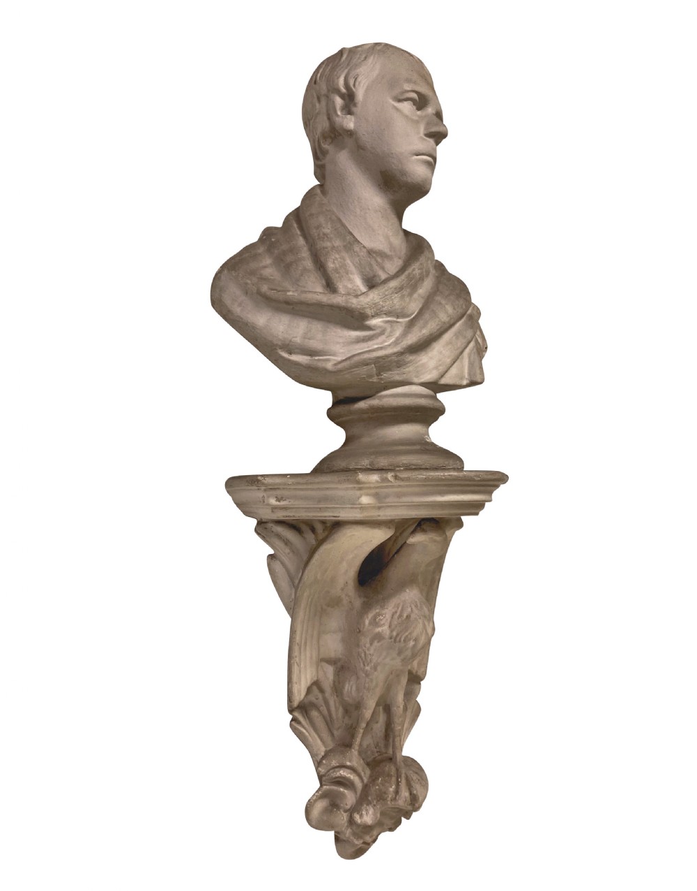 An off-white plaster classical portrait bust of Sir Walter Scott set atop a decorative wall bracket decorated with an eagle corbel. View II