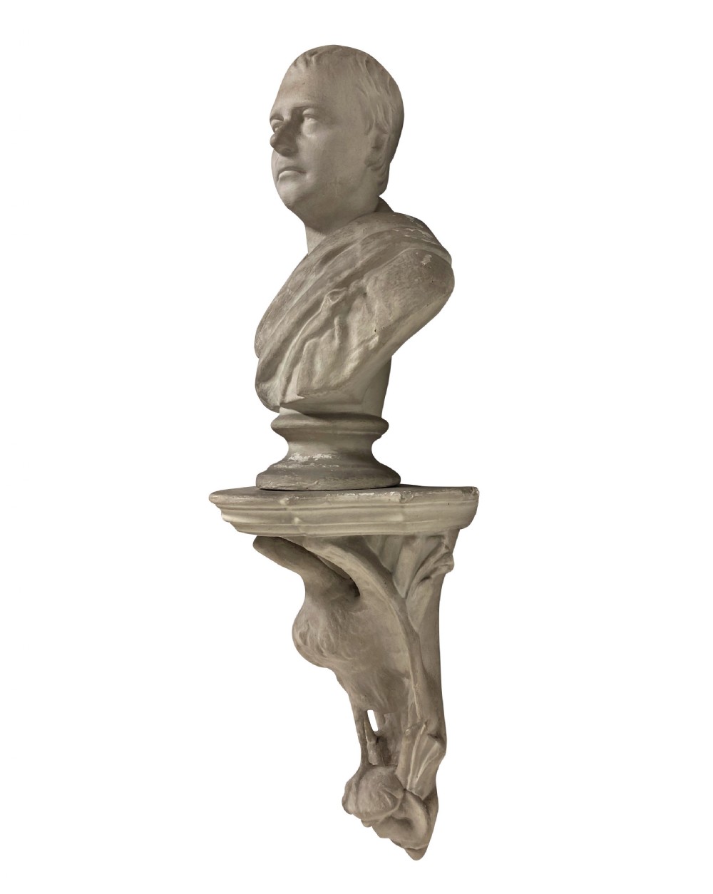 An off-white plaster classical portrait bust of Sir Walter Scott set atop a decorative wall bracket decorated with an eagle corbel. View III