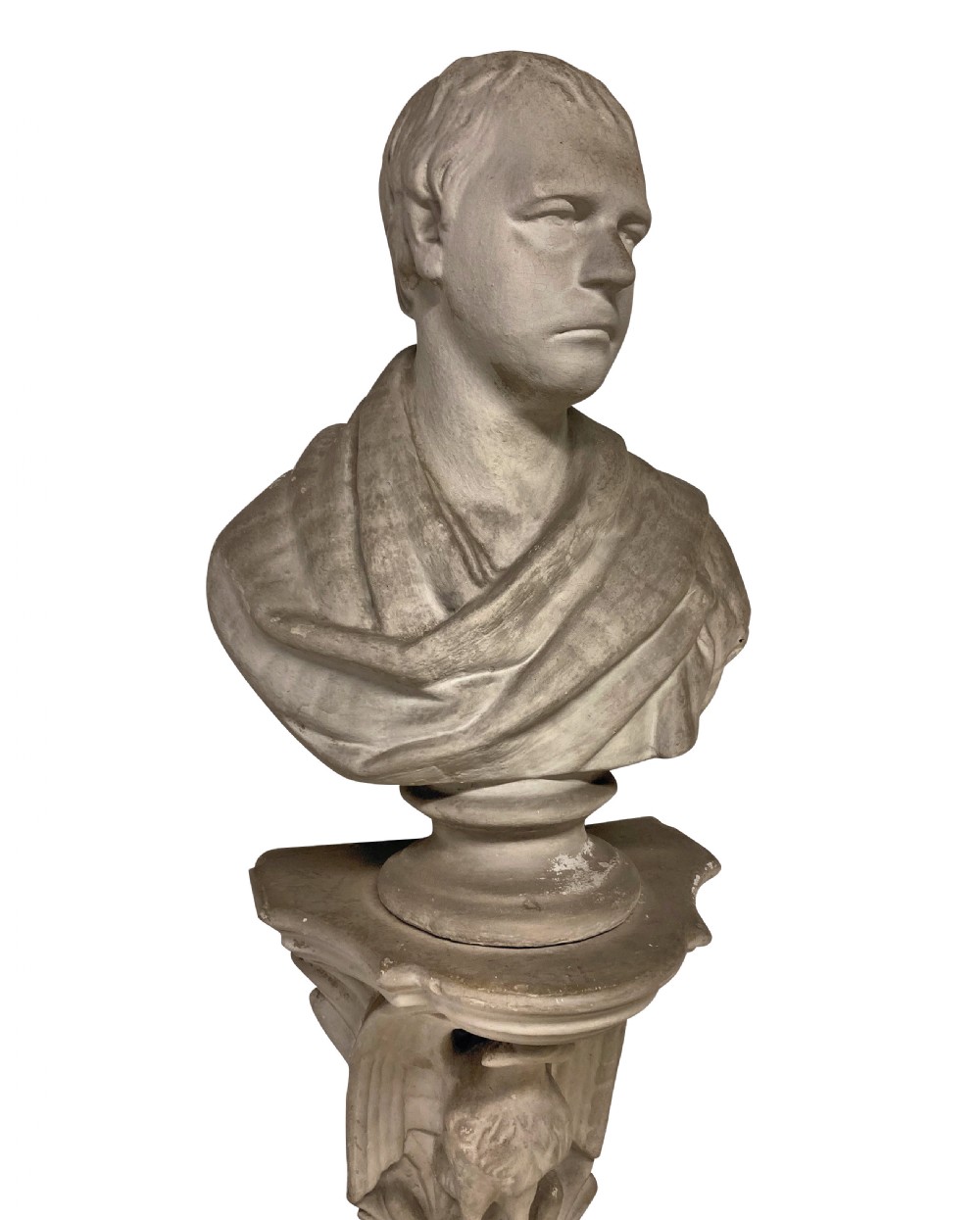 An off-white plaster classical portrait bust of Sir Walter Scott set atop a decorative wall bracket decorated with an eagle corbel. View V