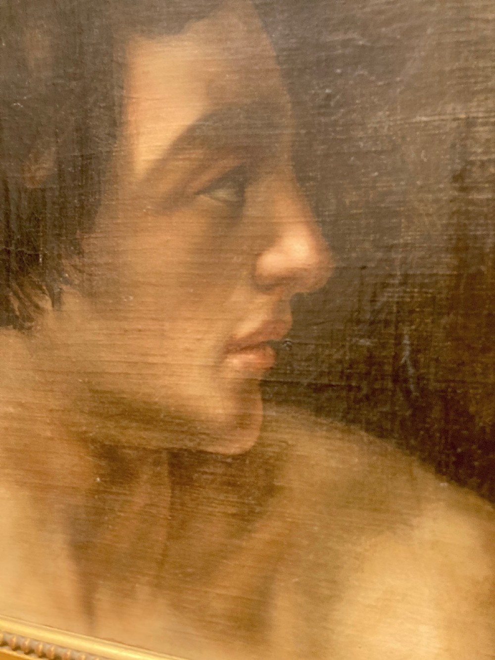 A late seventeenth-century oil portrait painting depicting the profile of a young man with dark curly hair set inside a molded gilt frame. View V