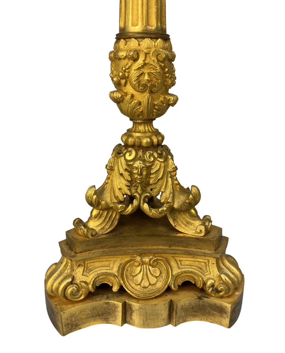 A pair of French Charles X gilt bronze three-light candelabra with scrolling acanthus leaves and fluted columns. View IV