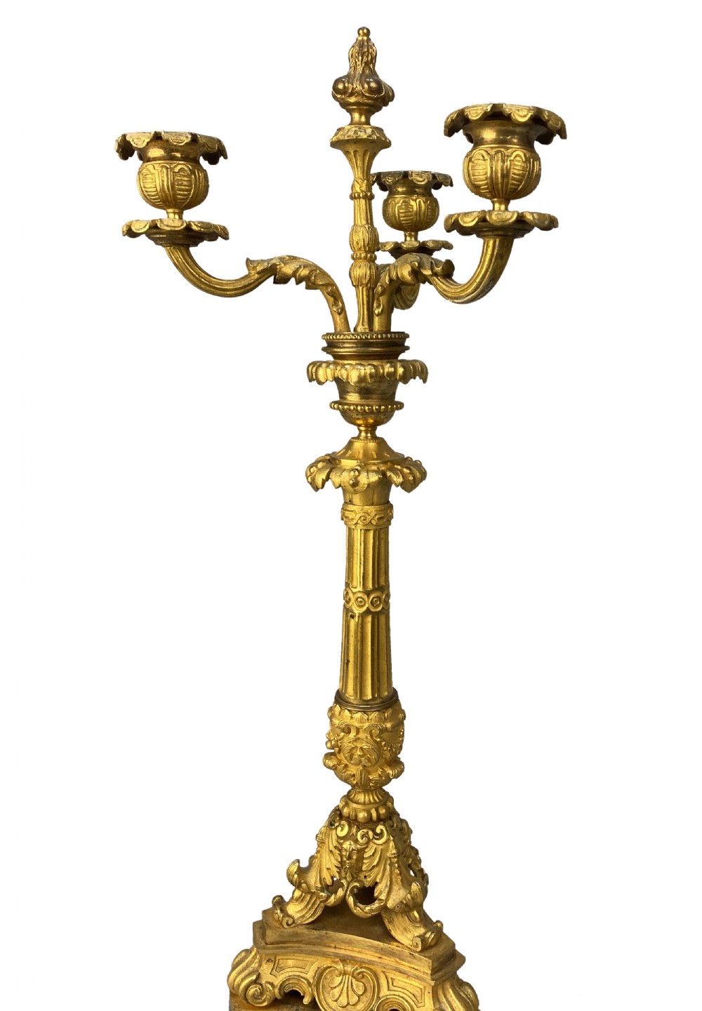 A pair of French Charles X gilt bronze three-light candelabra with scrolling acanthus leaves and fluted columns. View V