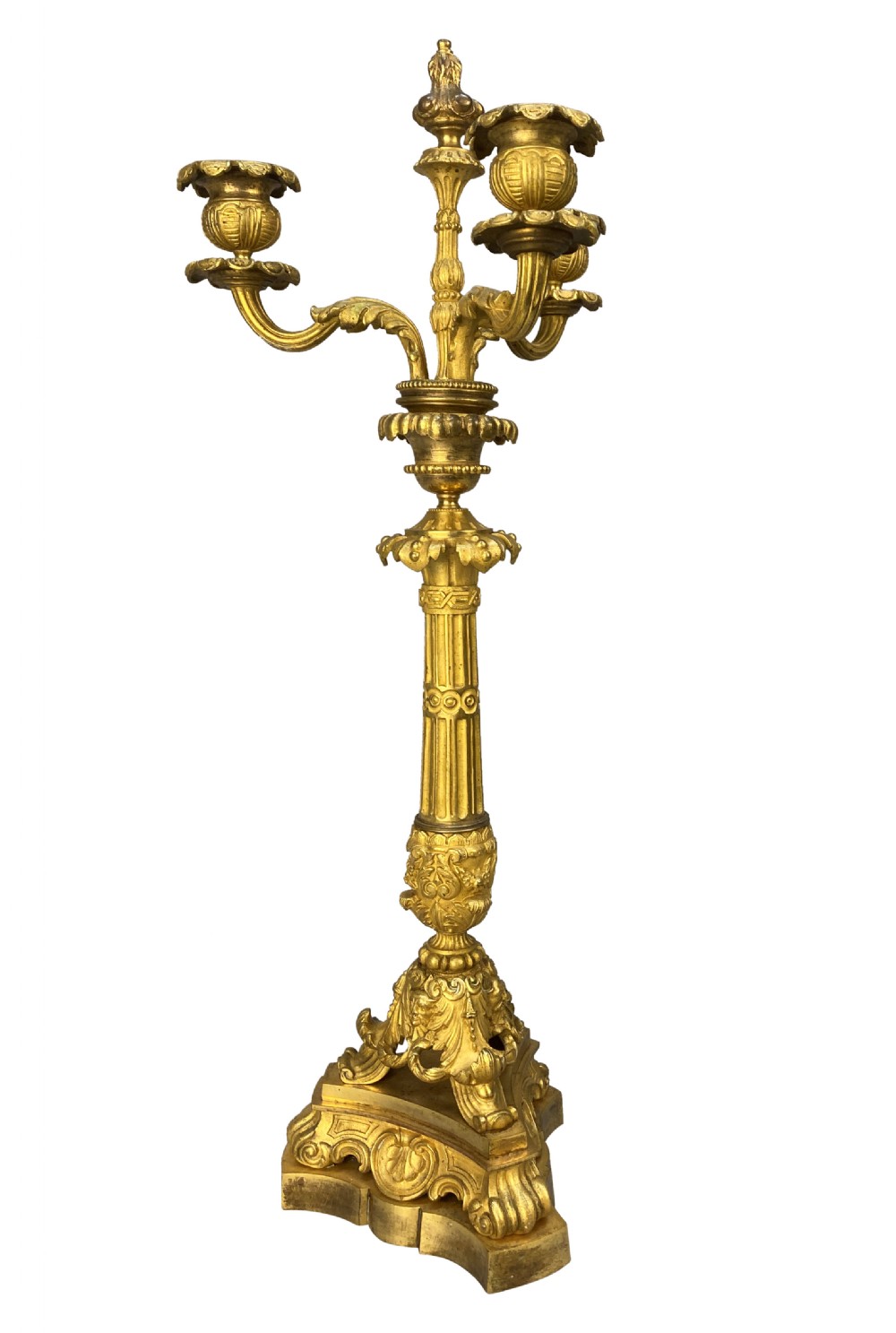 A pair of French Charles X gilt bronze three-light candelabra with scrolling acanthus leaves and fluted columns. View VI