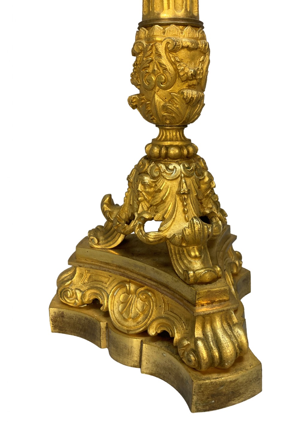 A pair of French Charles X gilt bronze three-light candelabra with scrolling acanthus leaves and fluted columns. View VIII